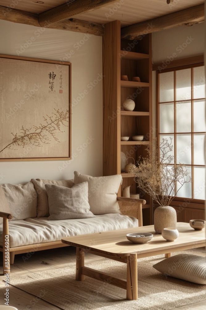 A cozy corner, natural wooden furniture, neutral decor, and minimalist design embody Japanese style in a peaceful setting A cozy corner, natural wooden furniture, neutral decor, and minimalist design embody Japanese style in a peaceful setting