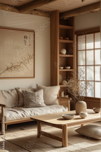 A cozy corner, natural wooden furniture, neutral decor, and minimalist design...