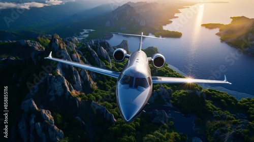 A sleek private jet cruising above a scenic landscape. photo
