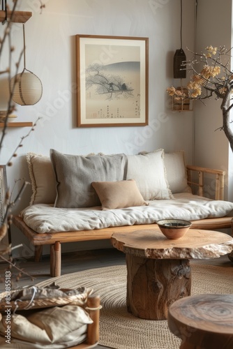 A cozy corner, natural wooden furniture, neutral decor, and minimalist design...