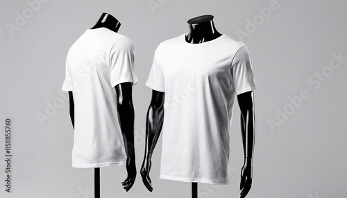 Blank white oversize t-shirt mockup, front and back view, 3d rendering. Empty textile big size tshirt with sleeve mock up, isolated. Clear cotton crew neck undervest model for uniform. photo