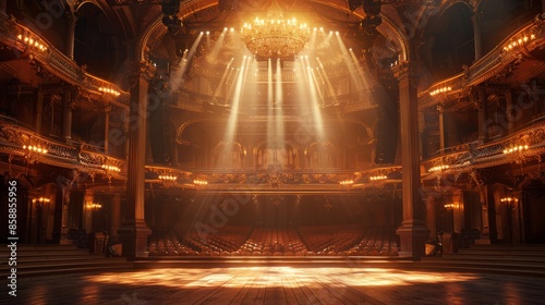 An empty stage in an old theater, warm spotlights in golden lights, surrounded by classic wooden buildings and chandeliers