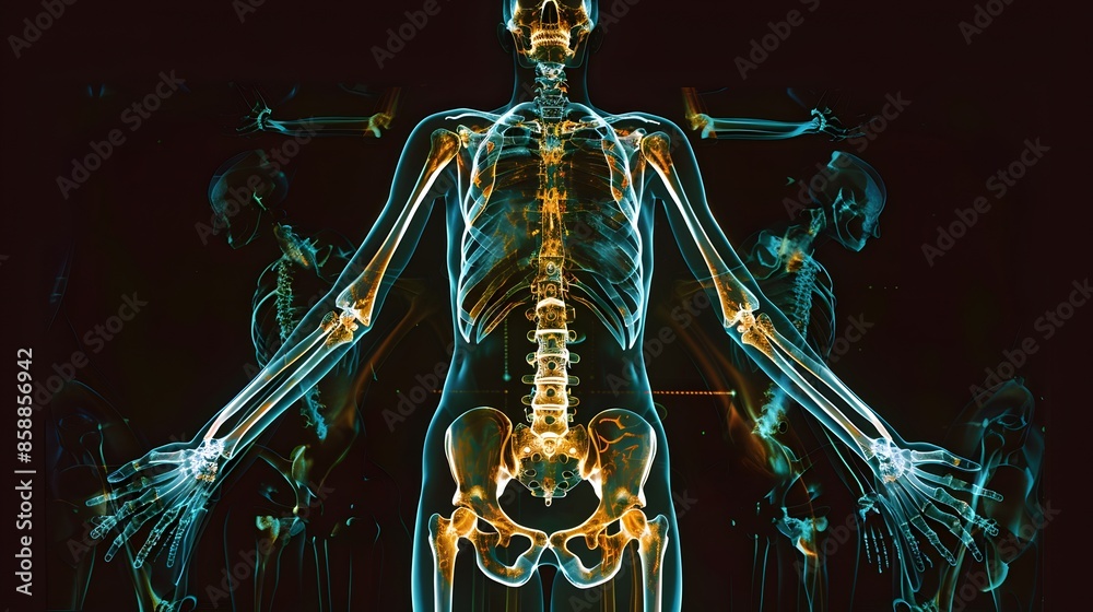 A detailed medical illustration of a human skeleton, showing all the bones and the skull