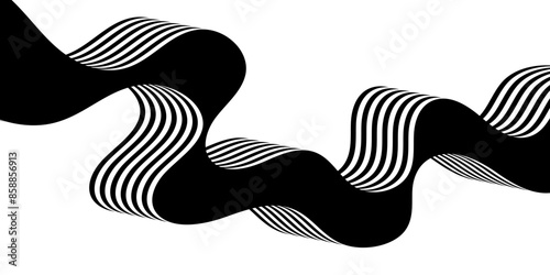 Black on white abstract perspective line wave with 3d dimensional effect isolated on white background