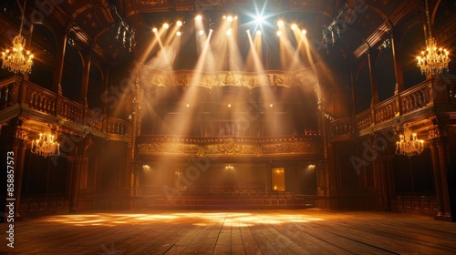 An empty stage in an old theater, warm spotlights in golden lights, surrounde...