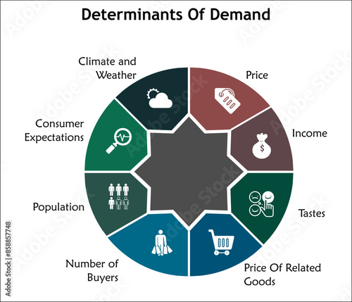 Eight determinants of demand. Infographic template with icons and description placeholder