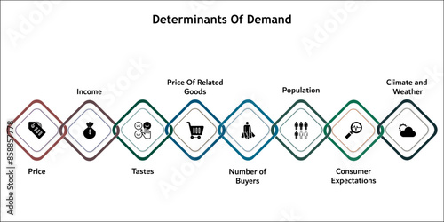 Eight determinants of demand. Infographic template with icons and description placeholder