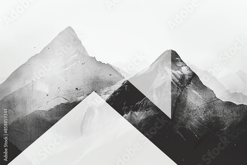 Abstract minimalist mountain range in black and white. Geometric shapes overlay the landscape.