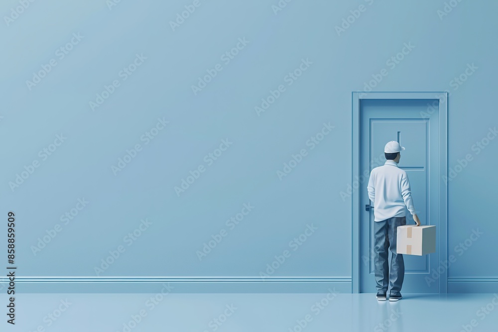 Fototapeta premium Delivery person in white and blue stands at a door with a package, on a plain blue background with space on the right.