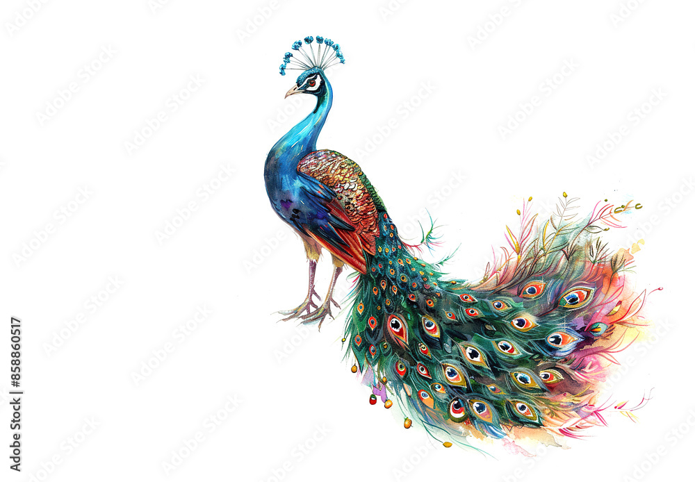 Obraz premium Watercolor painting of a peacock with feathers fanned out isolated on white background. Bird. Animals.