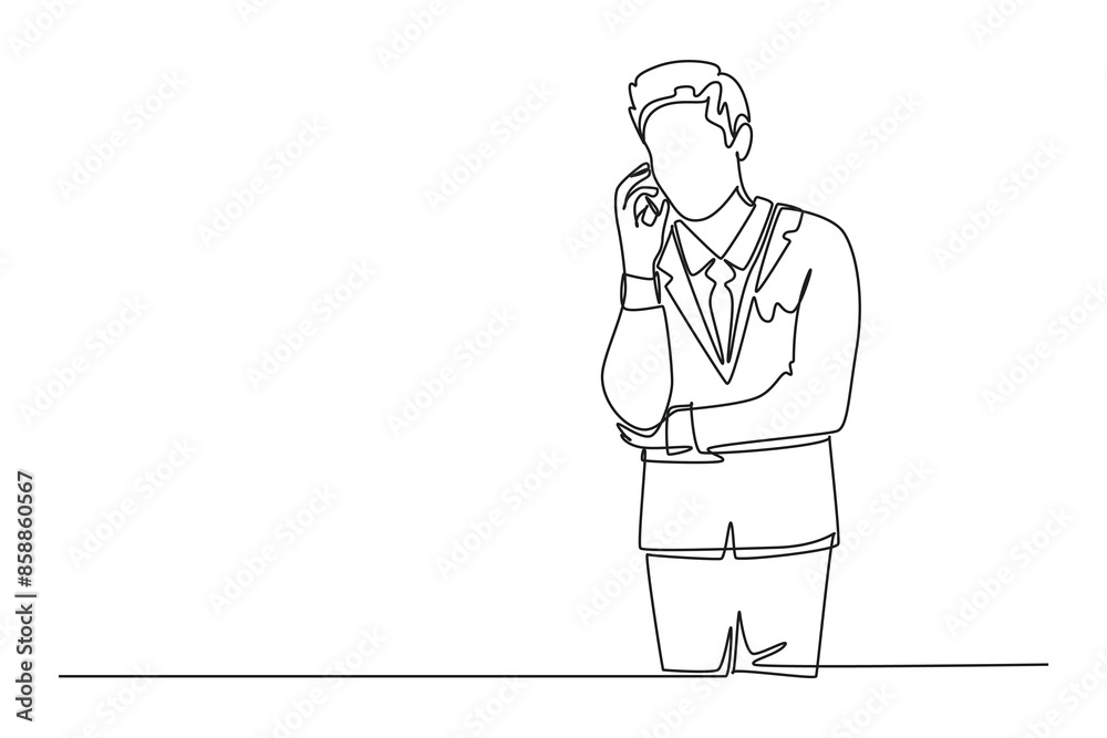 Single one line drawing young manager calling his staff using smartphone to ask finalizing company annual report. Business call concept. Modern continuous line draw design graphic vector illustration Single one line drawing young manager calling his staff using smartphone to ask finalizing company annual report. Business call concept. Modern continuous line draw design graphic vector illustration