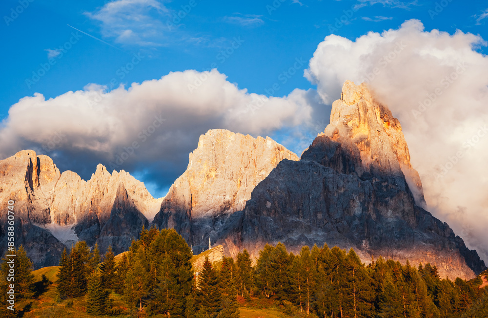 Majestic view of the Pale di San Martino Group. Dolomites, South Tyrol, Italy, Europe. Majestic view of the Pale di San Martino Group. Dolomites, South Tyrol, Italy, Europe.