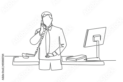 Wallpaper Mural Single one line drawing young marketing manager discussing sales report from sales division during receiving phone call. Company report. Modern continuous line draw design graphic vector illustration Torontodigital.ca