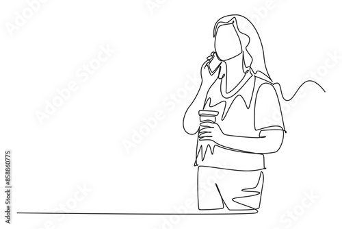 Single one line drawing female employee talking with her work partner on phone while holding a cup of coffee drink. Drinking tea concept. Modern continuous line draw design graphic vector illustration