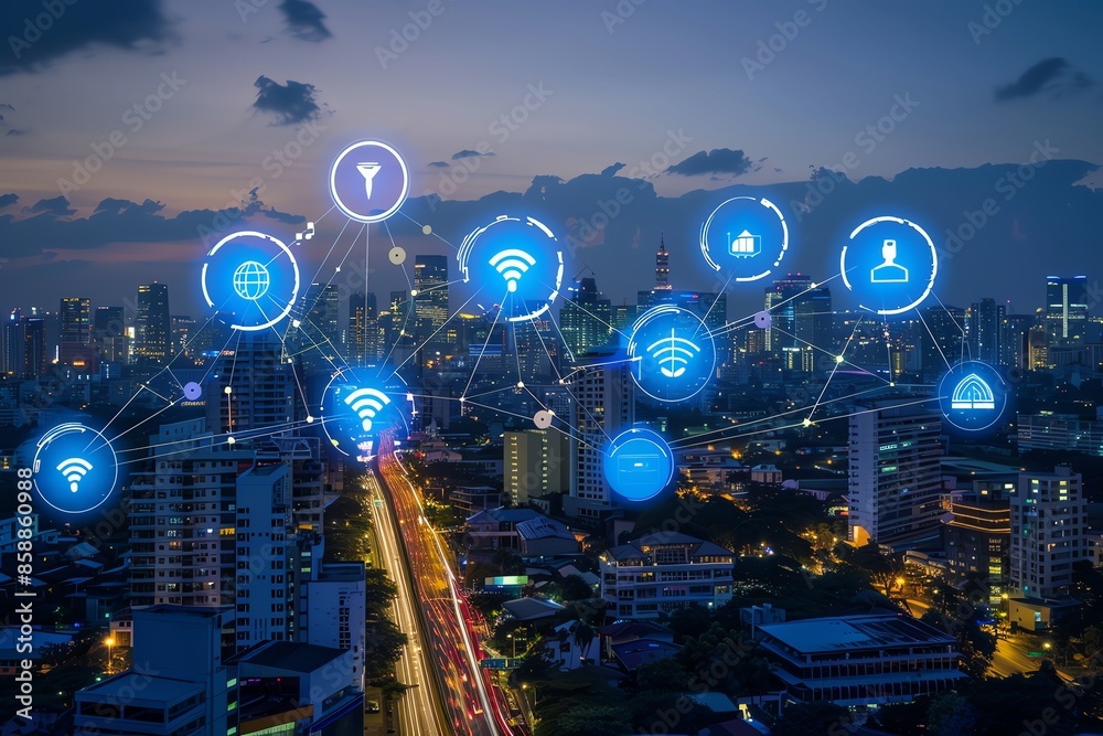 A cityscape at dusk with glowing blue icons representing technology and connectivity, suggesting a smart city concept. A cityscape at dusk with glowing blue icons representing technology and connectivity, suggesting a smart city concept.