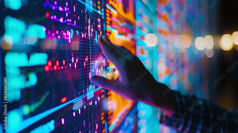 A hand interacts with a digital display filled with data and graphs, representing the complexities of modern technology and information. A hand interacts with a digital display filled with data and graphs, representing the complexities of modern technology and information.