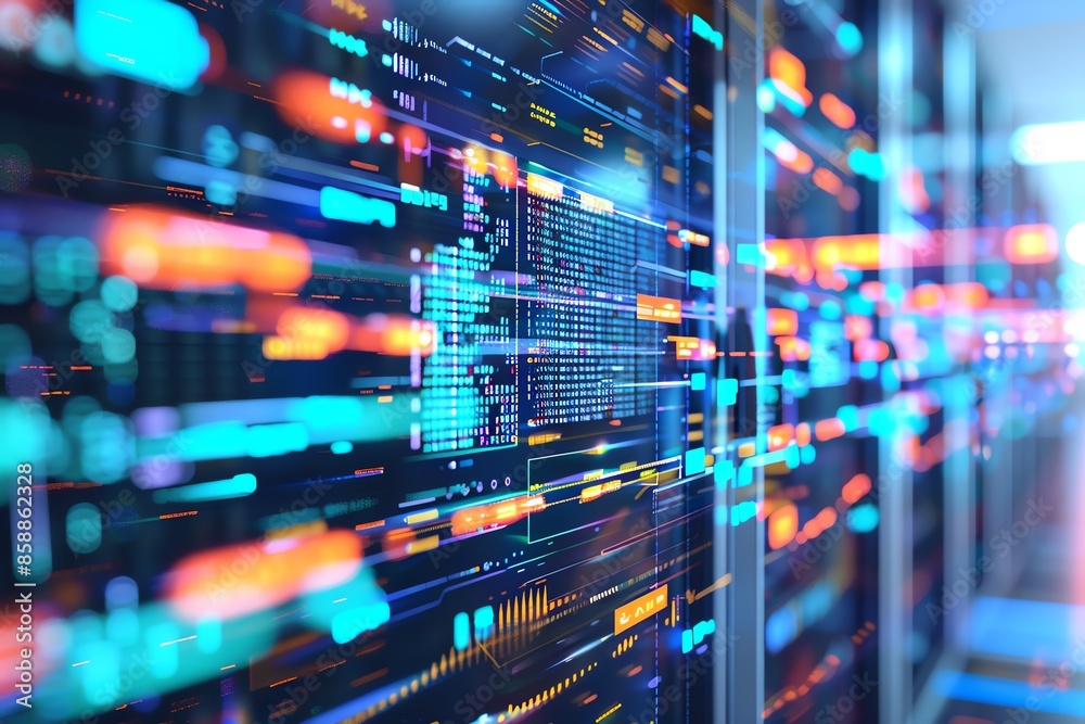 Abstract image of a server room with data streams and code flowing through the system. Abstract image of a server room with data streams and code flowing through the system.