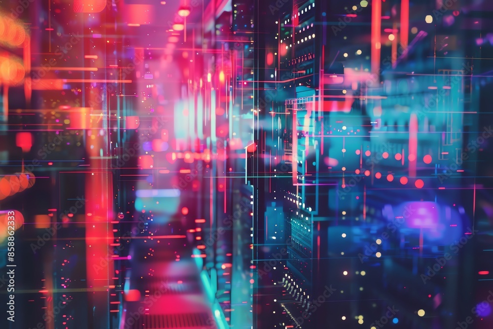 Abstract image of a server room with glowing lights and digital data streams. A concept of technology and data processing. Abstract image of a server room with glowing lights and digital data streams. A concept of technology and data processing.