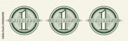 Vector set of green stickers or badges. Tags in denominations of 1 million, billion and milliard. Collection of round vintage patterns with guilloche mesh. Many followers and subscribers.