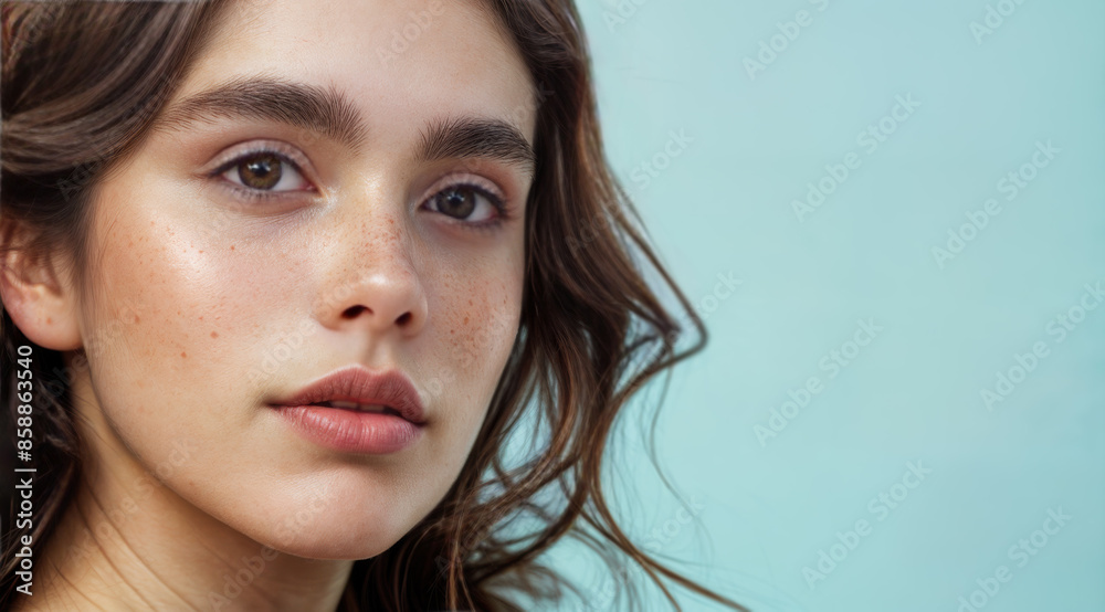 A studio portrait of a young teenager with long brown hair looking directly at the cameras. Light freckles. Copy space. Isolated against a blue background. A studio portrait of a young teenager with long brown hair looking directly at the cameras. Light freckles. Copy space. Isolated against a blue background.