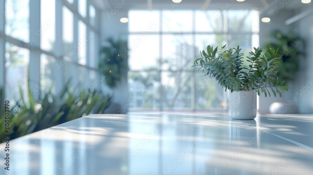 A modern office interior with a blurred background, white desk and glass wall, blurred focus on an open space or conference room table A modern office interior with a blurred background, white desk and glass wall, blurred focus on an open space or conference room table