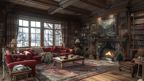 A cozy living room with a warm, inviting atmosphere, showcasing red walls, wooden furniture, a large window, a fireplace, and a rug.