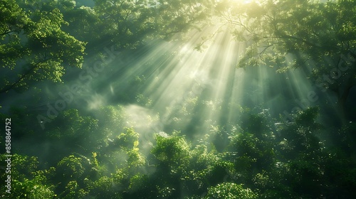 "Enchanted Woods: Sunlight Dancing Among Trees"