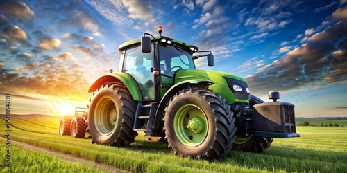 Green Tractor in a Field at Sunset