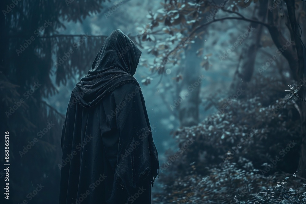 A sinister figure in a hooded cloak standing at the edge of a dark forest, watching intently. A sinister figure in a hooded cloak standing at the edge of a dark forest, watching intently.