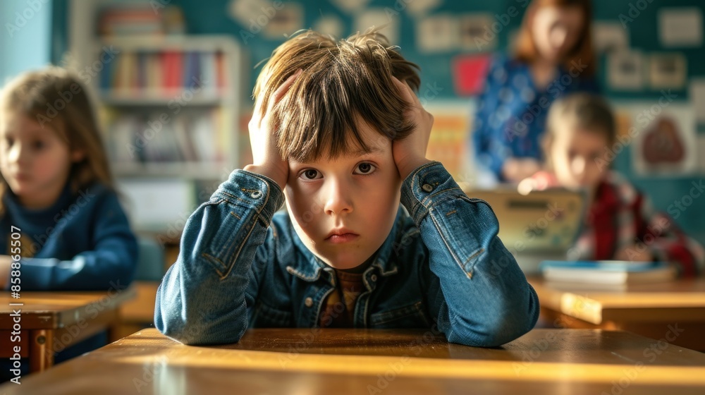 Young Boy Sitting Alone With Hands on Cheeks in a Classroom During School Hours Young Boy Sitting Alone With Hands on Cheeks in a Classroom During School Hours