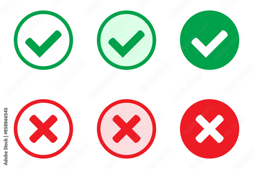 Right or wrong icons. Green tick and red cross checkmarks. Yes or no symbol, approved or rejected icon for user interface. Right or wrong icons. Green tick and red cross checkmarks. Yes or no symbol, approved or rejected icon for user interface.