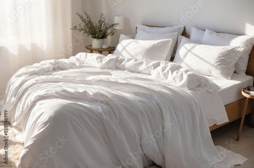 Pristine white bed with fluffy duvet and crisp pillows in soft natural light streaming through window