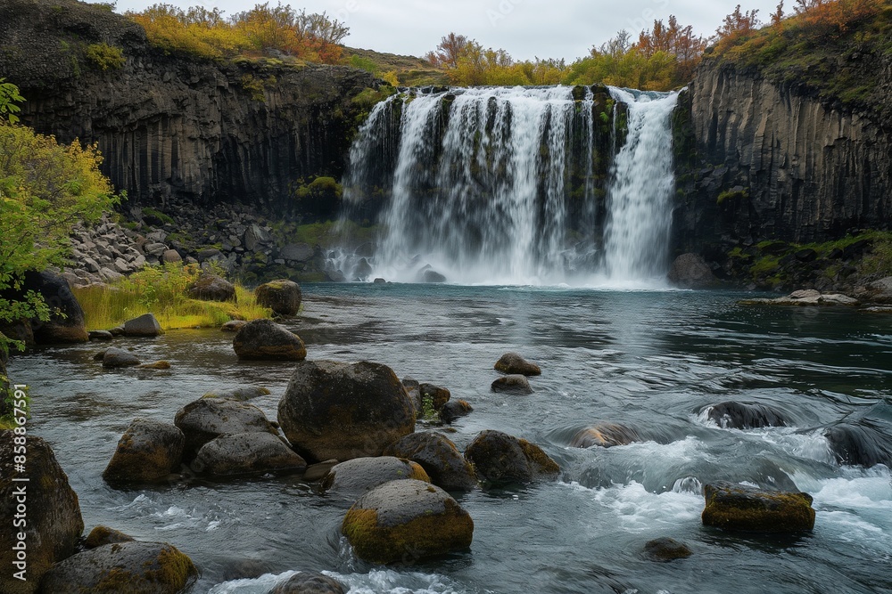 the beautiful waterfall and rocky clean river by generative ai