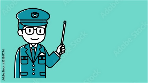 指示棒を持ち口パクで説明する男性警察官