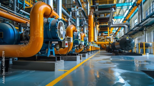 Industrial interior chiller and boiler HVAC heating ventilation air conditioning system and pipping line of industrial construction at boiler pump room system in the factory