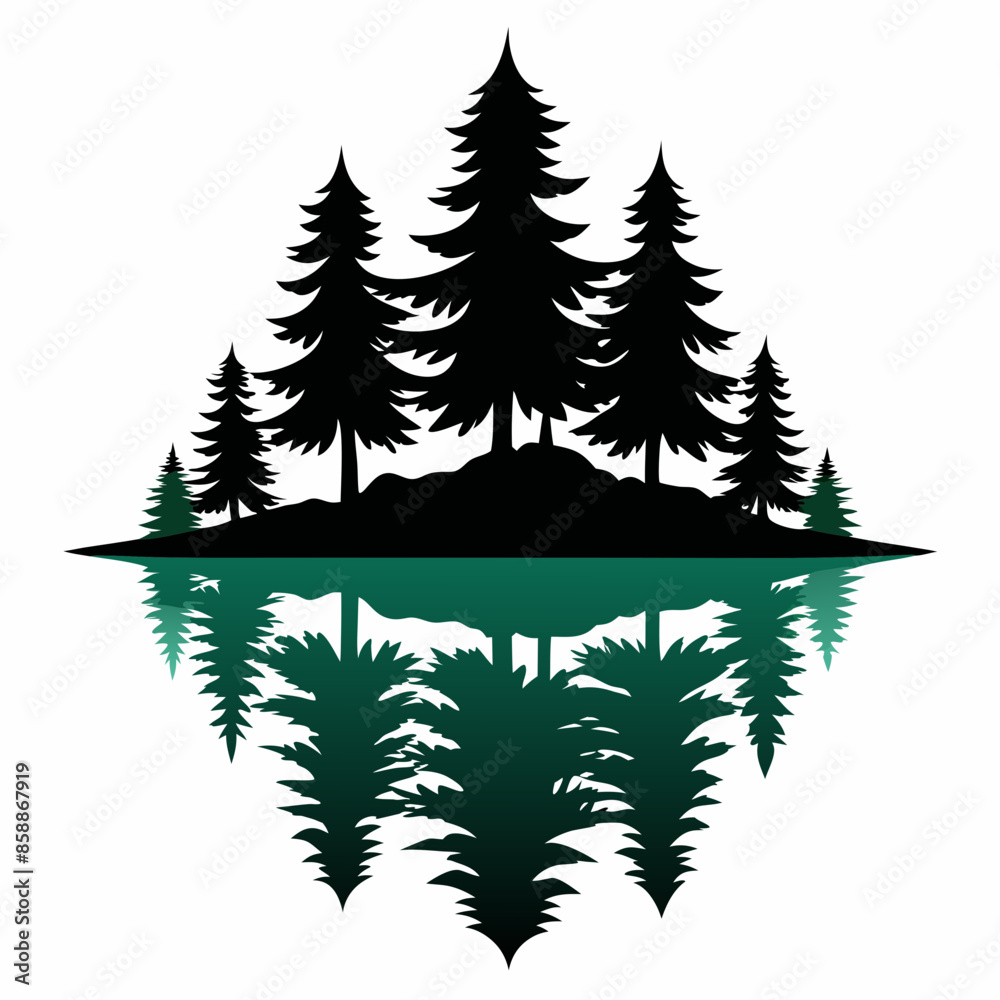 Fototapeta premium Reflection in water, pine tree forest vector art silhouette illustration.