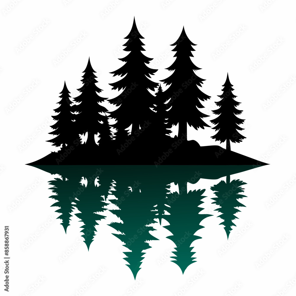 Obraz premium Reflection in water, pine tree forest vector art silhouette illustration.