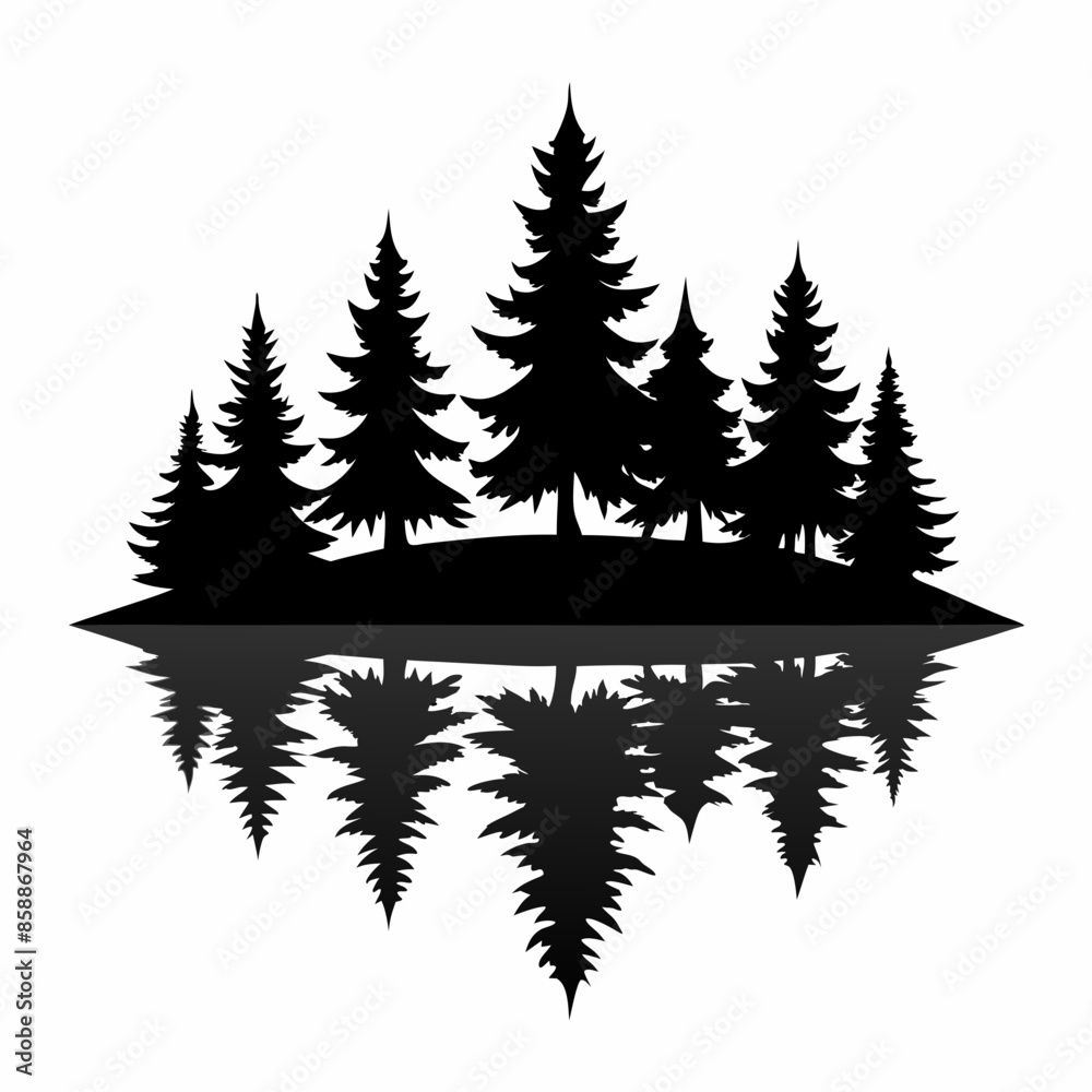 Reflection in water, pine tree forest vector art silhouette illustration.