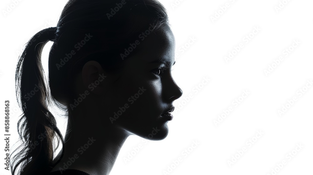 Fototapeta premium Silhouette of a Serious and Confident Young Woman on a White Isolated Background - Beauty, Fashion, Confidence