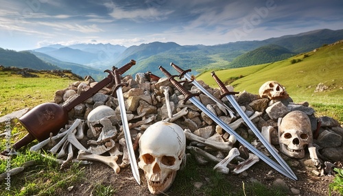 fence in the sand, sheep in the mountains, goats in the desert, skull in the desert, wallpaper A dry desert valley with piles of the bones of an ancient army in the foreground. Discarded swords  photo