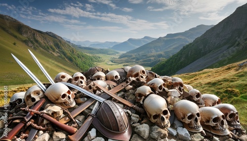 fence in the sand, sheep in the mountains, goats in the desert, skull in the desert, wallpaper A dry desert valley with piles of the bones of an ancient army in the foreground. Discarded swords  photo