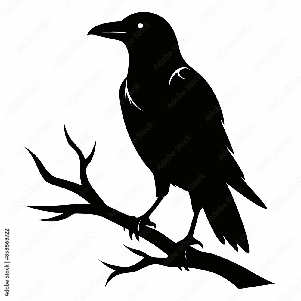 Fototapeta premium Crow icon sitting on a branch vector silhouette illustration.