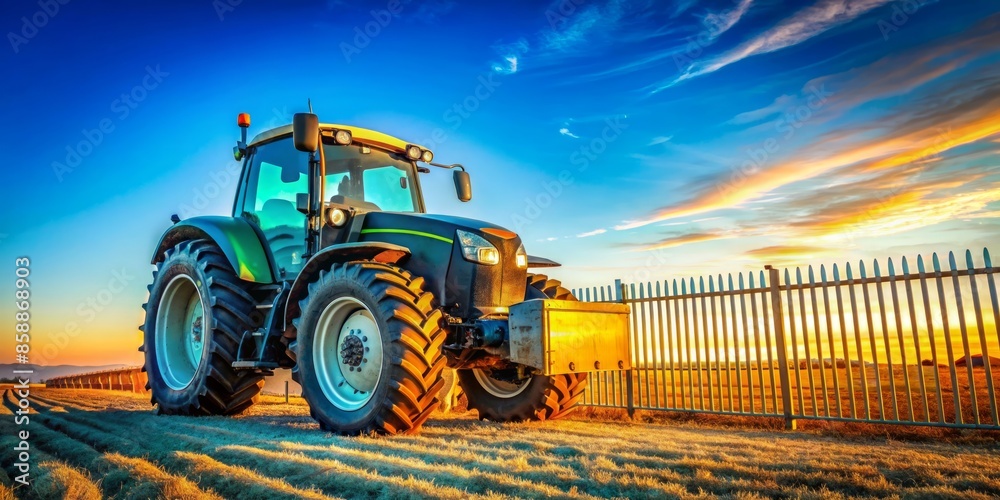 Fototapeta premium Green Tractor Parked in a Field at Sunset