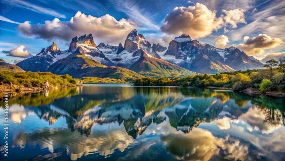 Obraz premium Serene lake reflects majestic cerro paine grande mountains in torres del paine national park, chile, showcasing untouched natural beauty in a tranquil atmosphere.,hd, 8k.