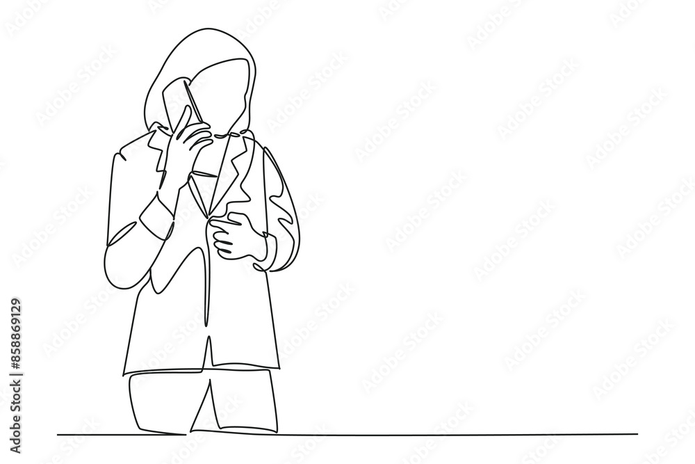 Single continuous line drawing of young businesswoman walking to the office and talking on smartphone with her business partner. Business call concept. One line draw graphic design vector illustration Single continuous line drawing of young businesswoman walking to the office and talking on smartphone with her business partner. Business call concept. One line draw graphic design vector illustration