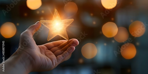 Striving for excellence symbolized by reaching for a glowing star above. Concept Achieving Excellence, Reaching for the Star, Symbolism in Photography photo