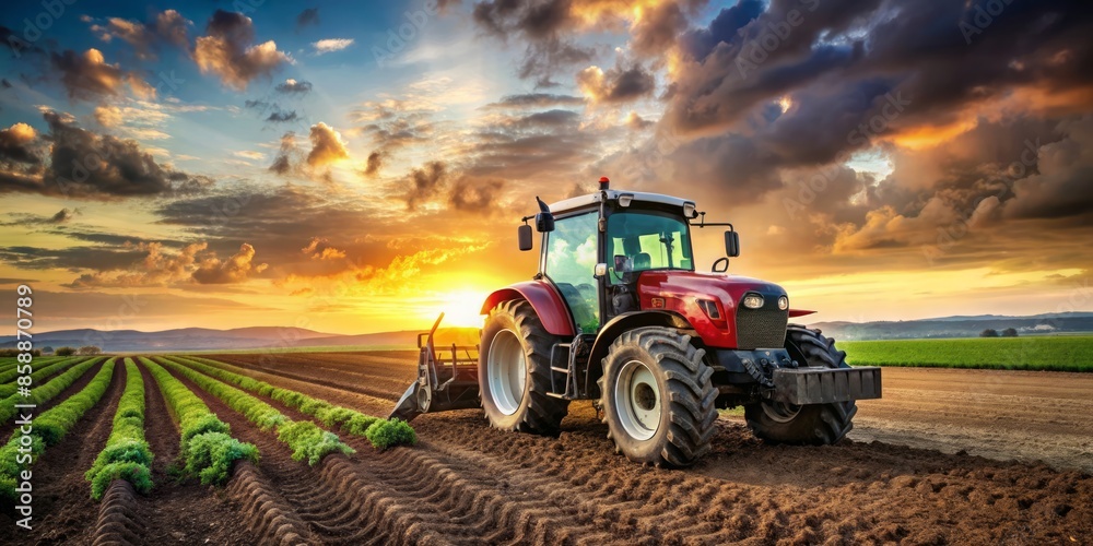 Fototapeta premium Red Tractor in a Field at Sunset