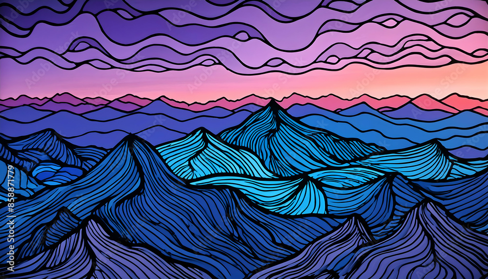 Close up colorful Dusk at Mountains Scenery texture, Doodle drawing, Generative AI.