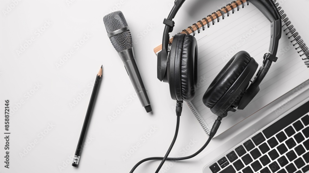 Technology, Sound Recording, and Podcast Concept: On a white background, headphones, a microphone, and a notebook with a pencil depict elements related to technology, sound recording, and podcasting. Technology, Sound Recording, and Podcast Concept: On a white background, headphones, a microphone, and a notebook with a pencil depict elements related to technology, sound recording, and podcasting.