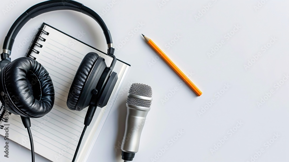 Technology, Sound Recording, and Podcast Concept: On a white background, headphones, a microphone, and a notebook with a pencil depict elements related to technology, sound recording, and podcasting. Technology, Sound Recording, and Podcast Concept: On a white background, headphones, a microphone, and a notebook with a pencil depict elements related to technology, sound recording, and podcasting.